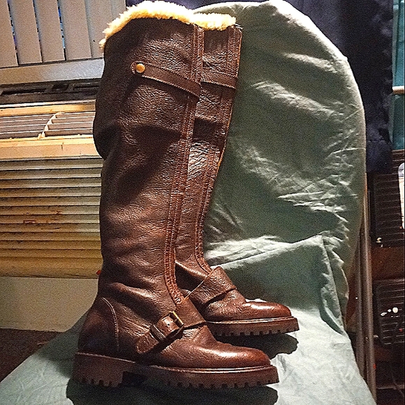 Ralph lauren brown leather knee high zip up boots with faux fur